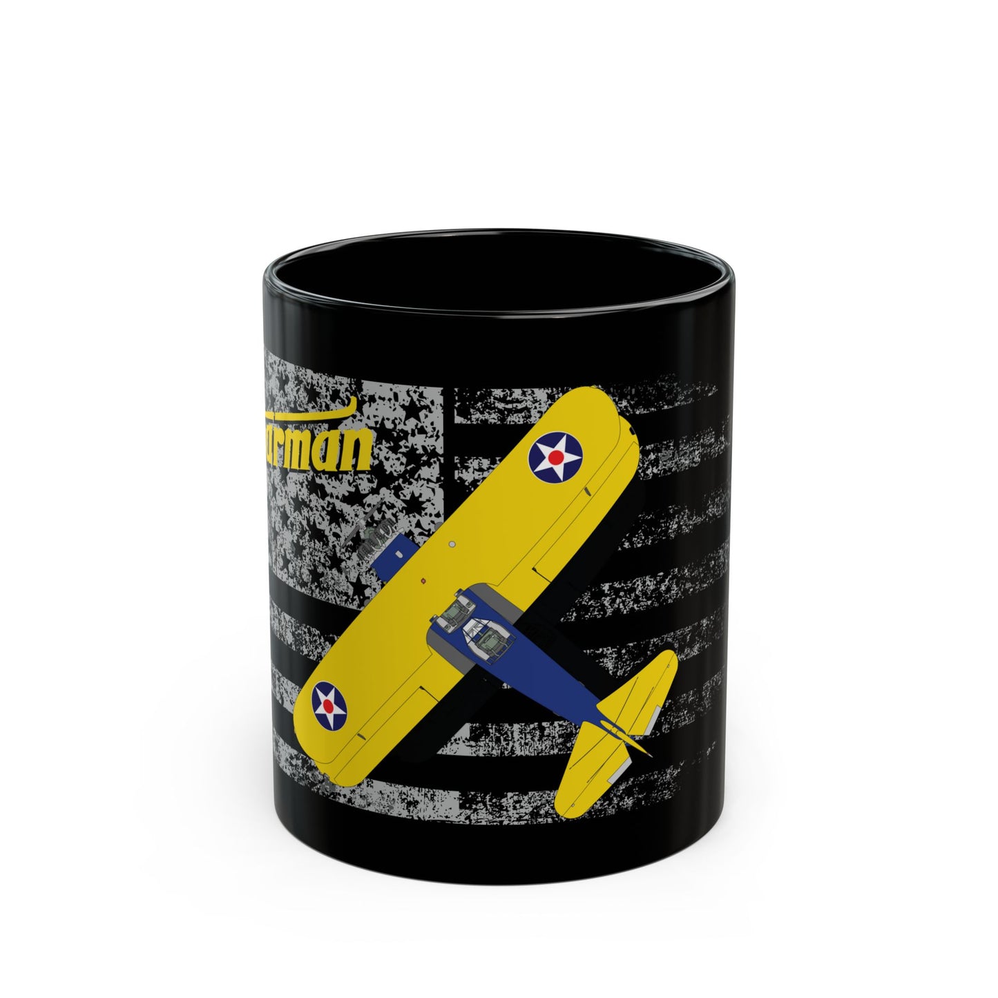 Stearman Stars & Stripes Aviation-Themed Black Mug, Perfect Gift for Pilots, Airplane Lovers, Gifts for Father's Day, Unique Coffee Cup, Personalized Pilot Mugs