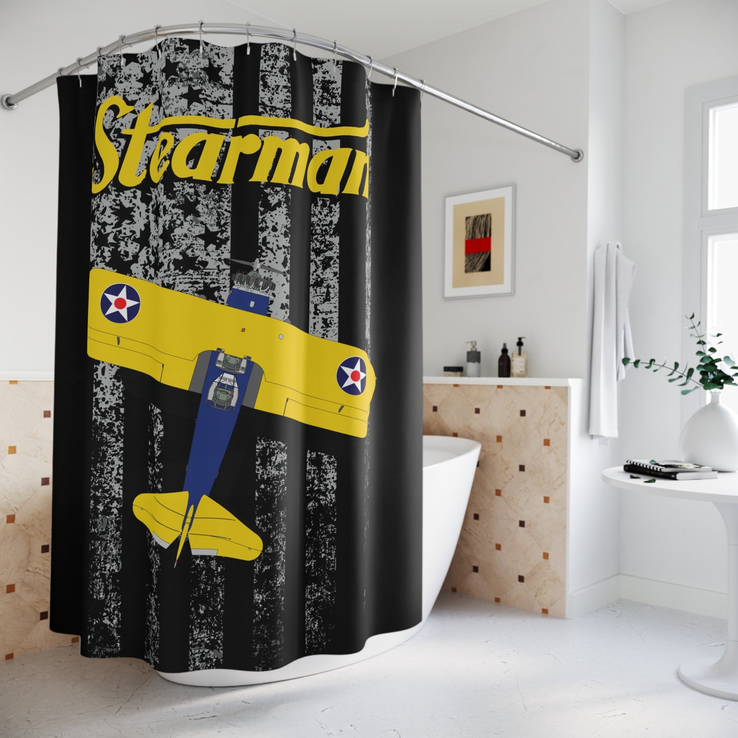 Stearman Flag Shower Curtain, Retro Aviation Decor, Stearman Theme Bathroom, Gift for Pilots, Airplane Lovers, Unique Home Decor