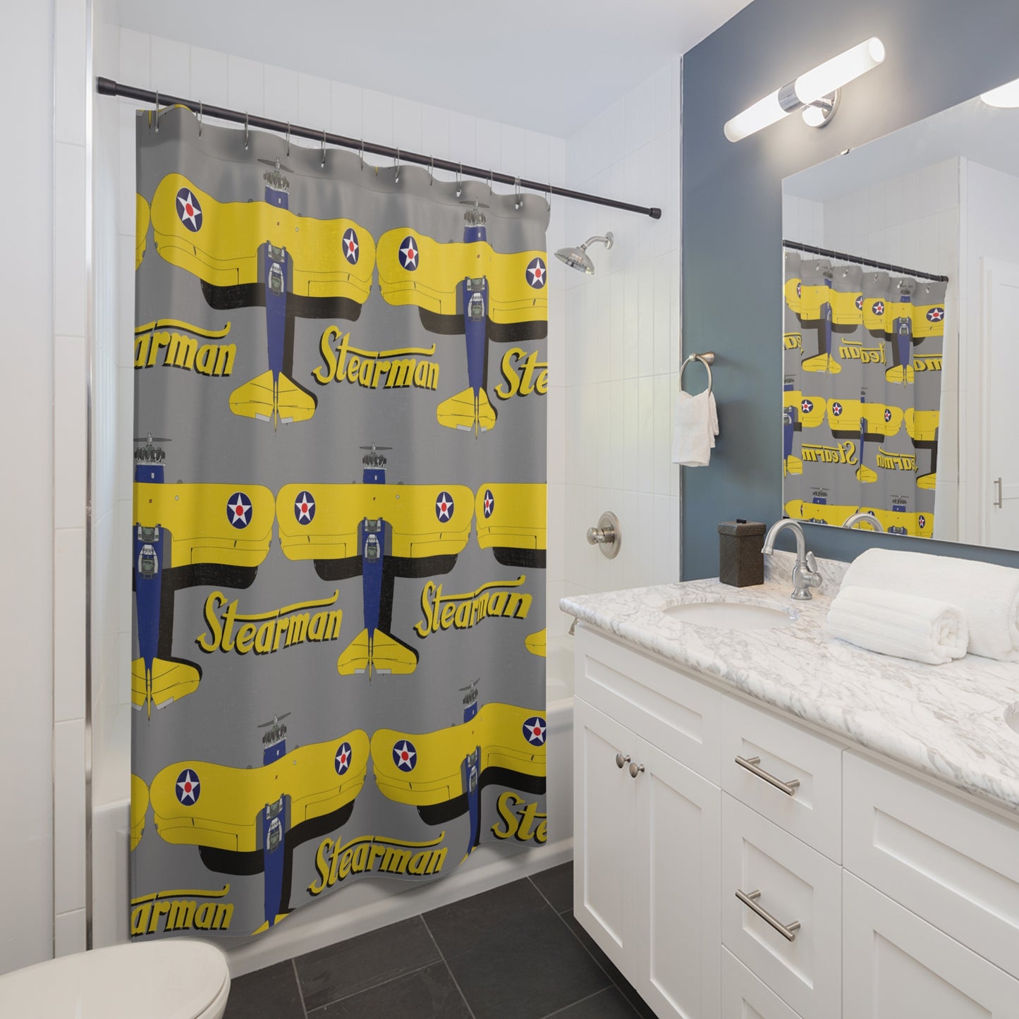 Stearman Shower Curtain, Retro Aviation Decor, Stearman Theme Bathroom, Gift for Pilots, Airplane Lovers, Unique Home Decor