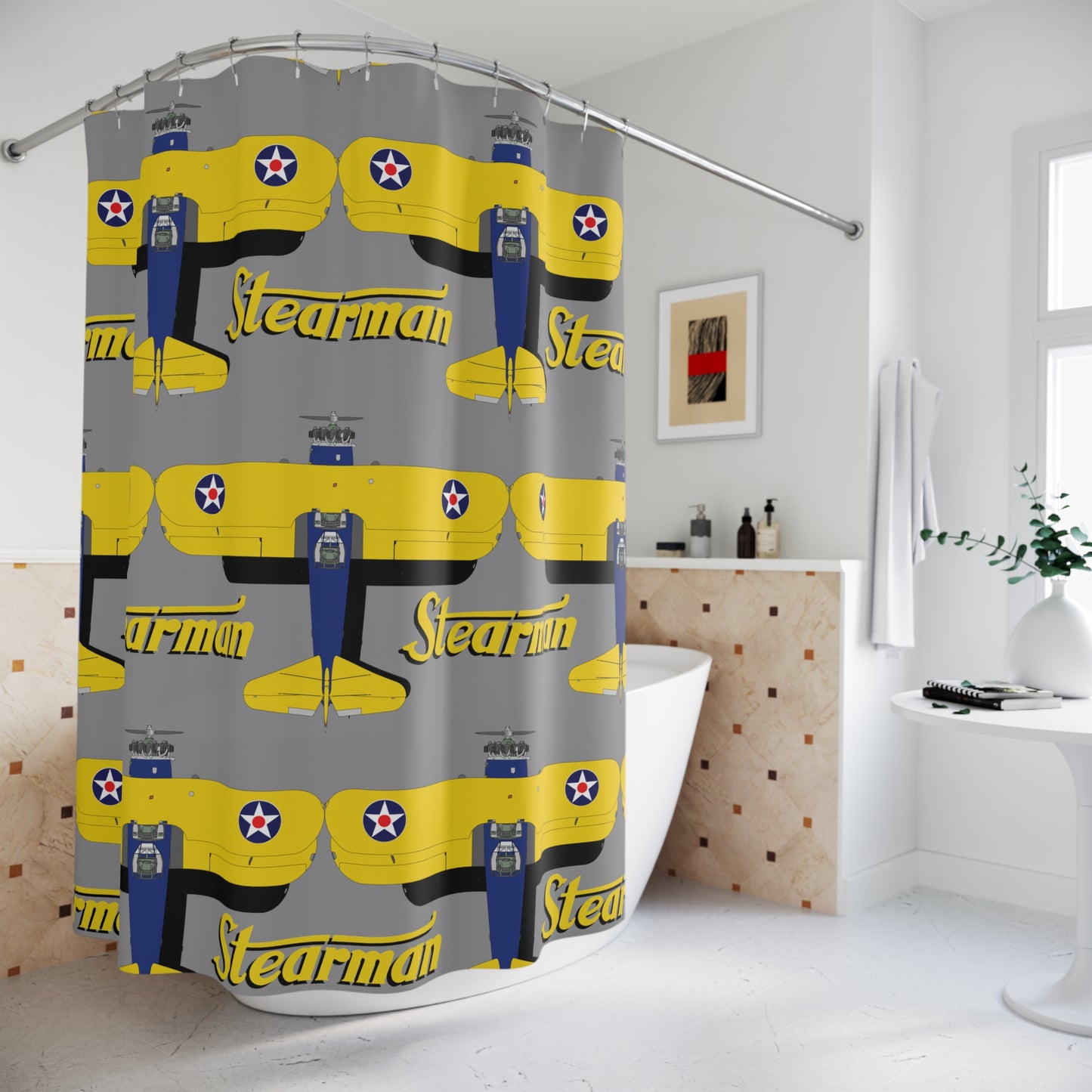 Stearman Shower Curtain, Retro Aviation Decor, Stearman Theme Bathroom, Gift for Pilots, Airplane Lovers, Unique Home Decor