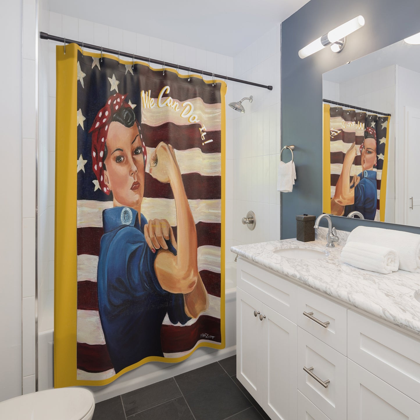Rosie-We Can Do It Shower Curtain, Retro Aviation Decor, WWII Theme Bathroom, Gift for Pilots, Airplane Lovers, Unique Home Decor