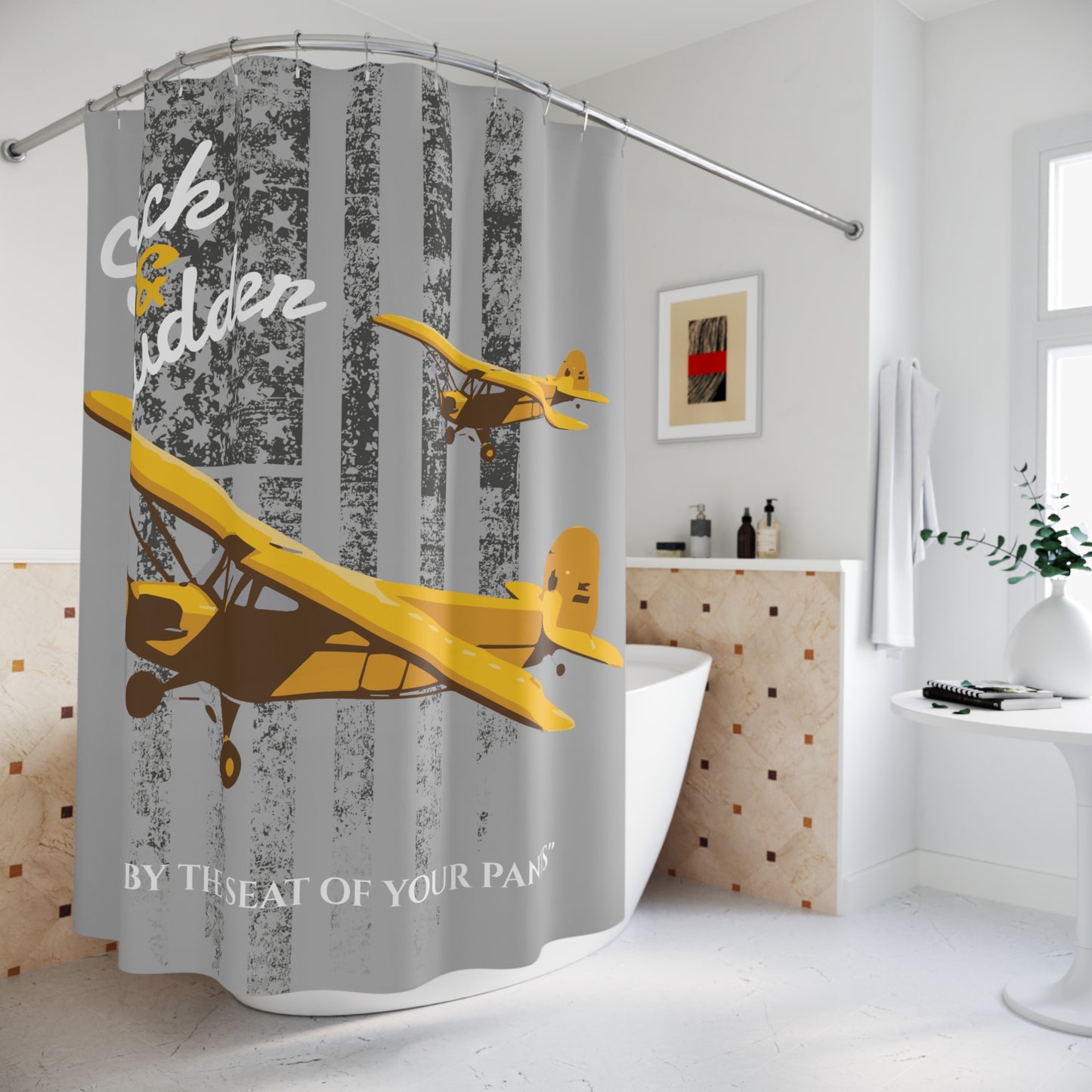 Cub Stick & Rudder Shower Curtain, Retro Aviation Decor, Aviation Theme Bathroom, Gift for Pilots, Airplane Lovers, Unique Home Decor