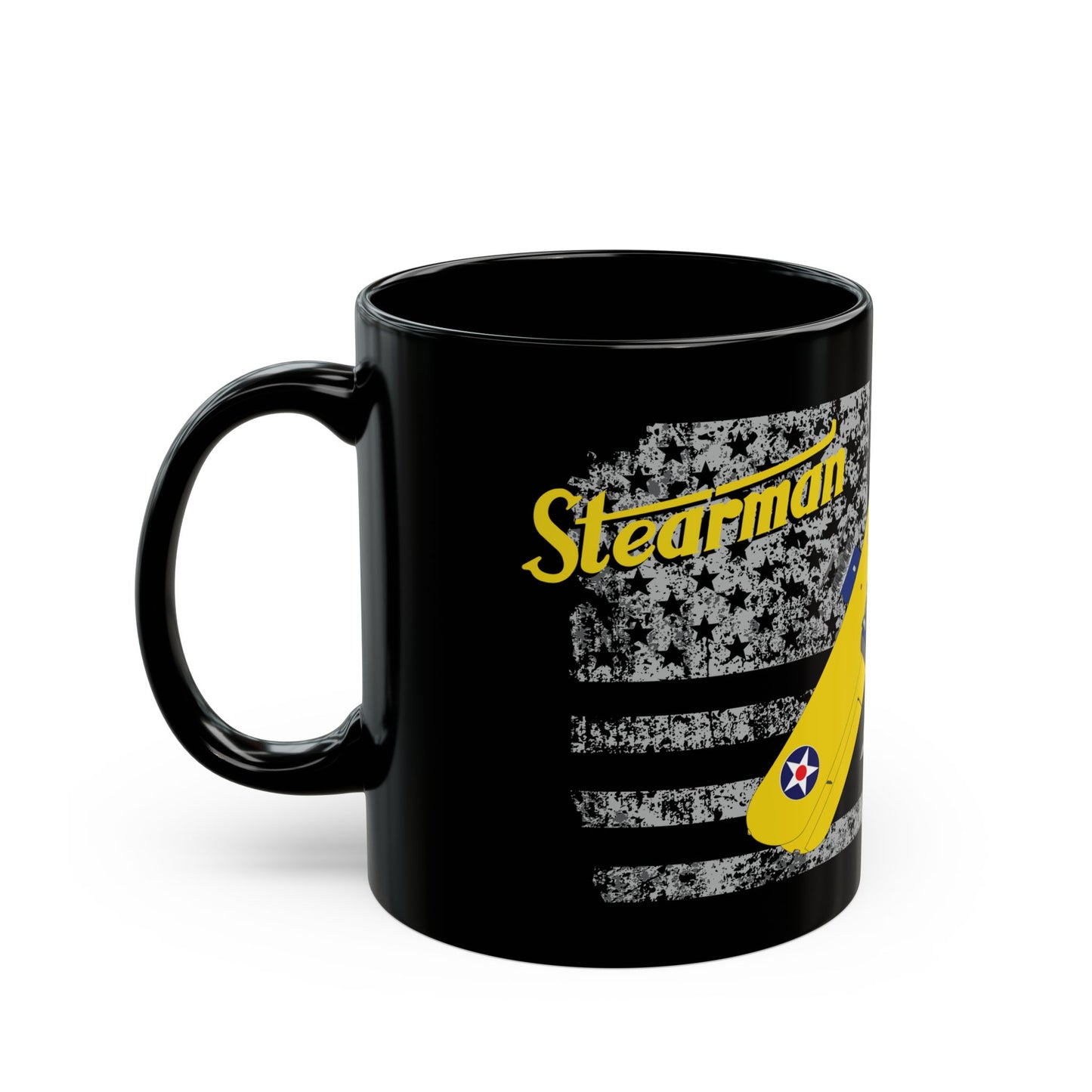 Stearman Stars & Stripes Aviation-Themed Black Mug, Perfect Gift for Pilots, Airplane Lovers, Gifts for Father's Day, Unique Coffee Cup, Personalized Pilot Mugs
