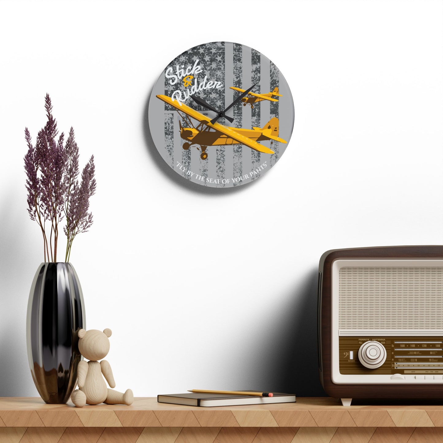 Cub Stick & Rudder Airplane Acrylic Wall Clock, Retro Decor, Aviation Gift, Unique Wall Art, Home Office Decoration